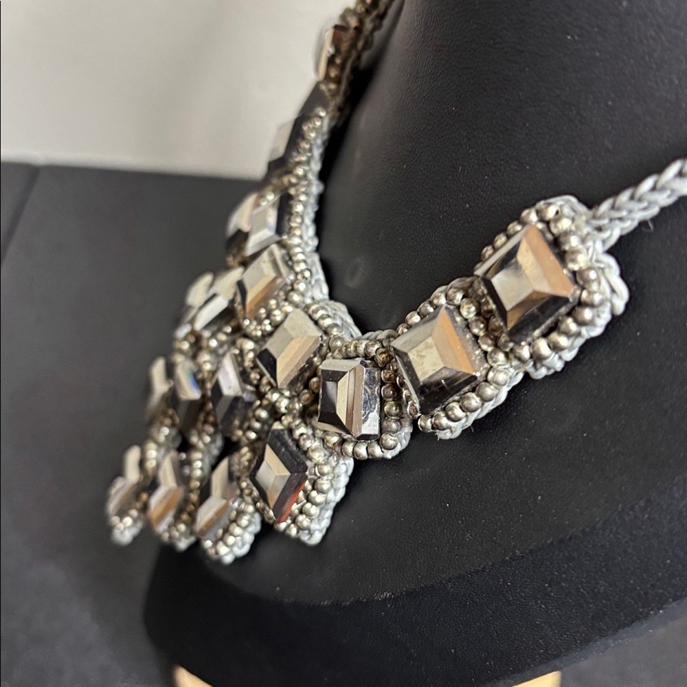Silver Bib Macrame Statement Modernist Necklace - image 3